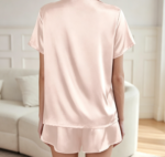Short-Sleeve Satin Two-Piece Button-Up Loungewear Set