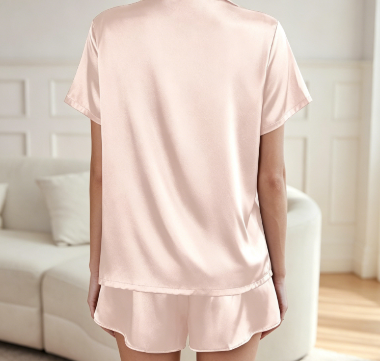 2-1.png Short-Sleeve Satin Two-Piece Button-Up Loungewear Set - Image 1