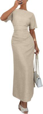Textured Short-Sleeved, Fitted Waist, Slit Straight Maxi Dress