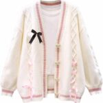 Women’s Cute Sweet Cardigan Sweater Kawaii Love Button Long Sleeve V-Neck Bowknot Knitted Outerwear
