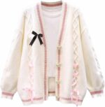 Women’s Cute Sweet Cardigan Sweater Kawaii Love Button Long Sleeve V-Neck Bowknot Knitted Outerwear