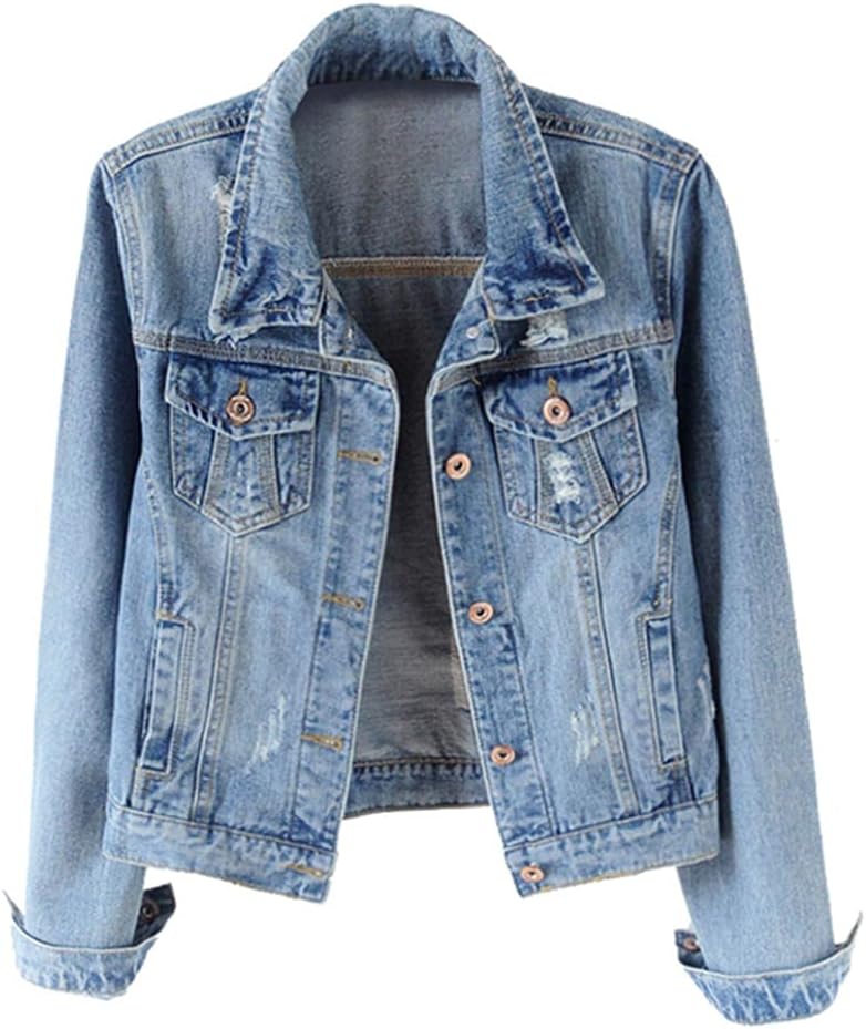61jqKEFTqZS._AC_SL1001_.jpg Women Denim Jackets Distressed Ripped Long Sleeve Jean Jacket Coats - Image 1