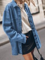Women d Jean Jacket Casual Button Up Denim Overshirt Trendy Long Sleeve Denim Jacket Coat - Image 2