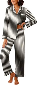 Pajama Set, Long-Sleeved Button-Up Top with Striped Pants - Image 2