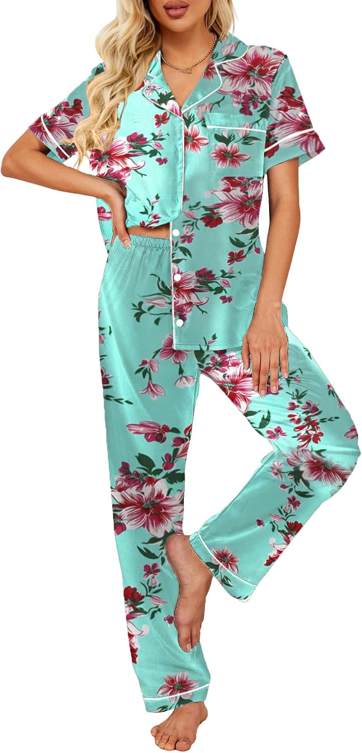71KRyL9uOzL._AC_SL1500_.jpg Women's Short-Sleeved Pajama Set, Soft Button-Up Pajama Set - Image 1
