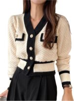 Women's Contrast Trim Long Sleeve Button Front V Neck Cardigan