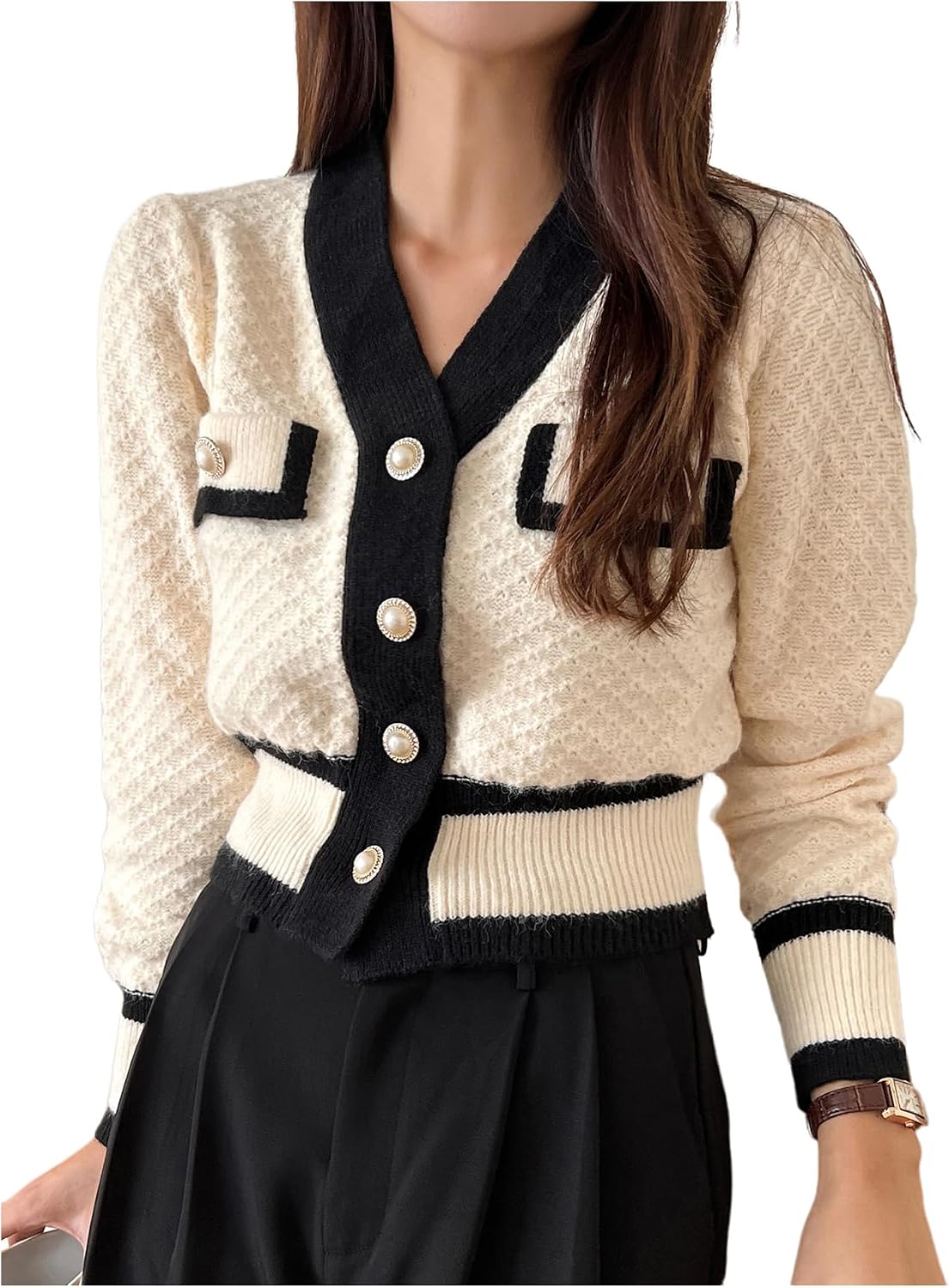 71RJFleRyL._AC_SL1500_.jpg Women's Contrast Trim Long Sleeve Button Front V Neck Cardigan - Image 1