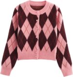 Argyle Sweater Women Vintage Knit Cardigan Sweater Long Sleeve Button Down Soft Outwear for Fall Spring