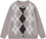 Women’s Vintage Argyle Knit Cardigan Preppy Style Button Down Sweater with Long Sleeves
