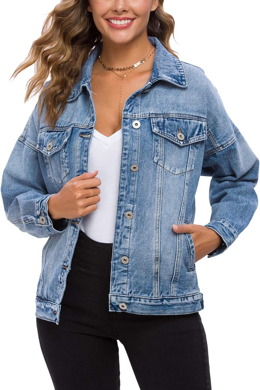 71aHXz0s-yL._AC_SL1323_.jpg Women Vintage Washed Denim Jacket Long Sleeve Classic Loose Jean Trucker Jacket D003 - Image 1