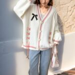 Women’s Cute Sweet Cardigan Sweater Kawaii Love Button Long Sleeve V-Neck Bowknot Knitted Outerwear - Image 2