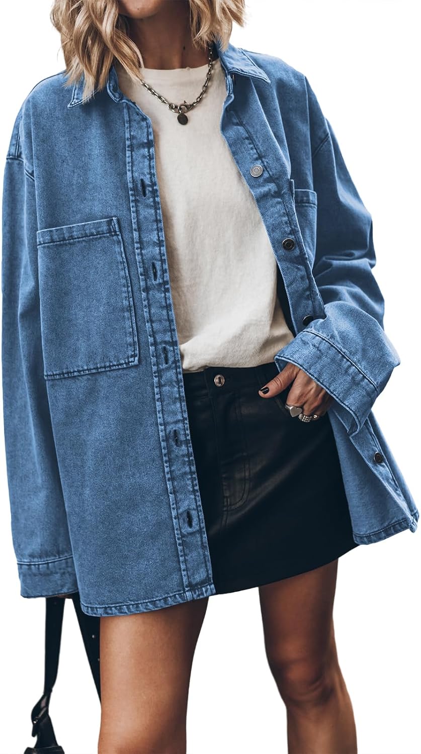 71dDR7kHNYL._AC_SL1500_.jpg Women d Jean Jacket Casual Button Up Denim Overshirt Trendy Long Sleeve Denim Jacket Coat - Image 1