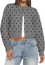 Women  Polka Dot Button Up Open Front Crop Cardigan Sweater Long Sleeve Crewneck Knit Tops Cute Fall Outfits
