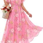V-neck Short-sleeved Multi-layered Chiffon Maxi Dress