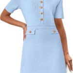 Short-Sleeve Button-Up Knit Straight Dress