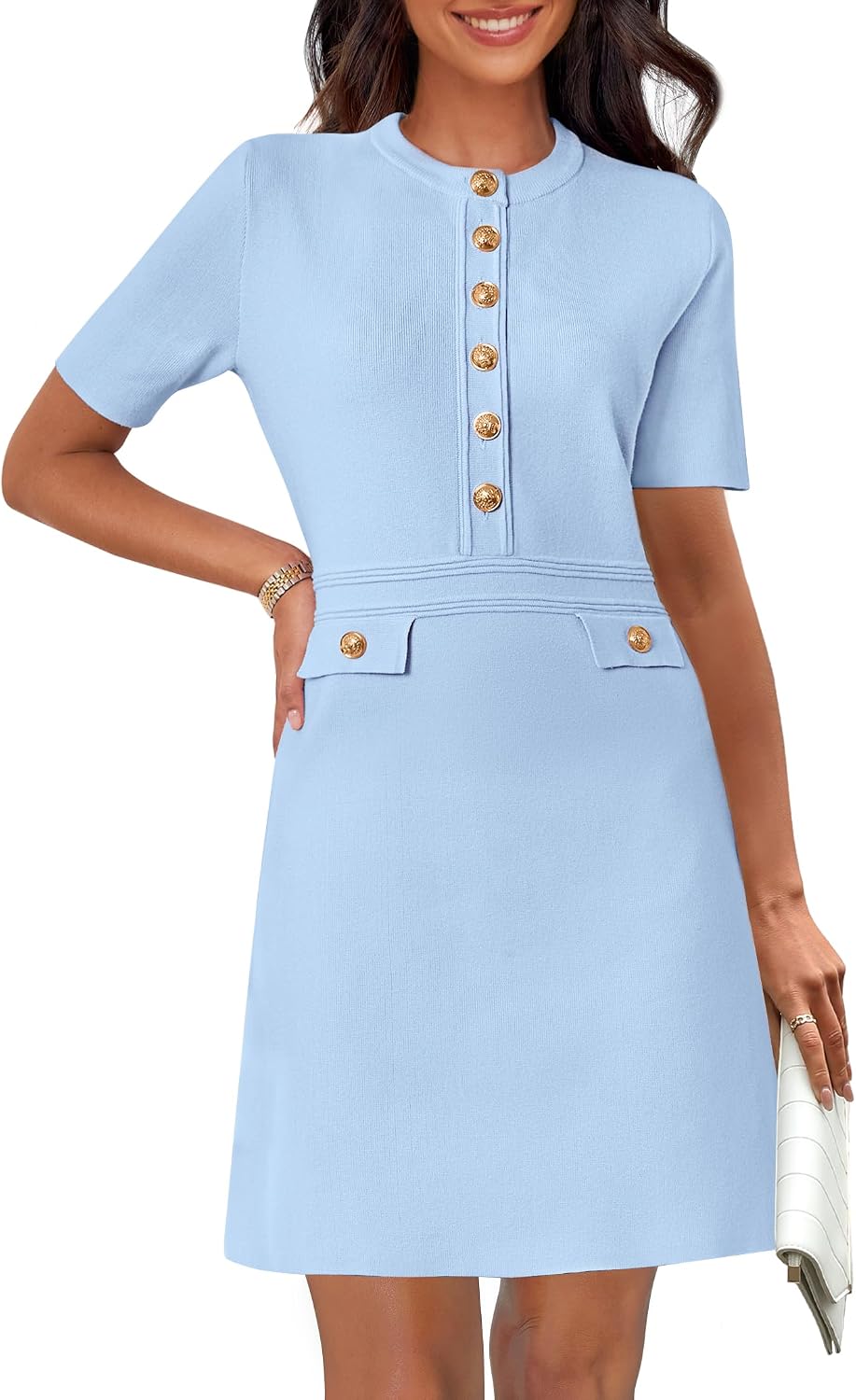 71tsgjXbvlL._AC_SL1500_.jpg Short-Sleeve Button-Up Knit Straight Dress - Image 1