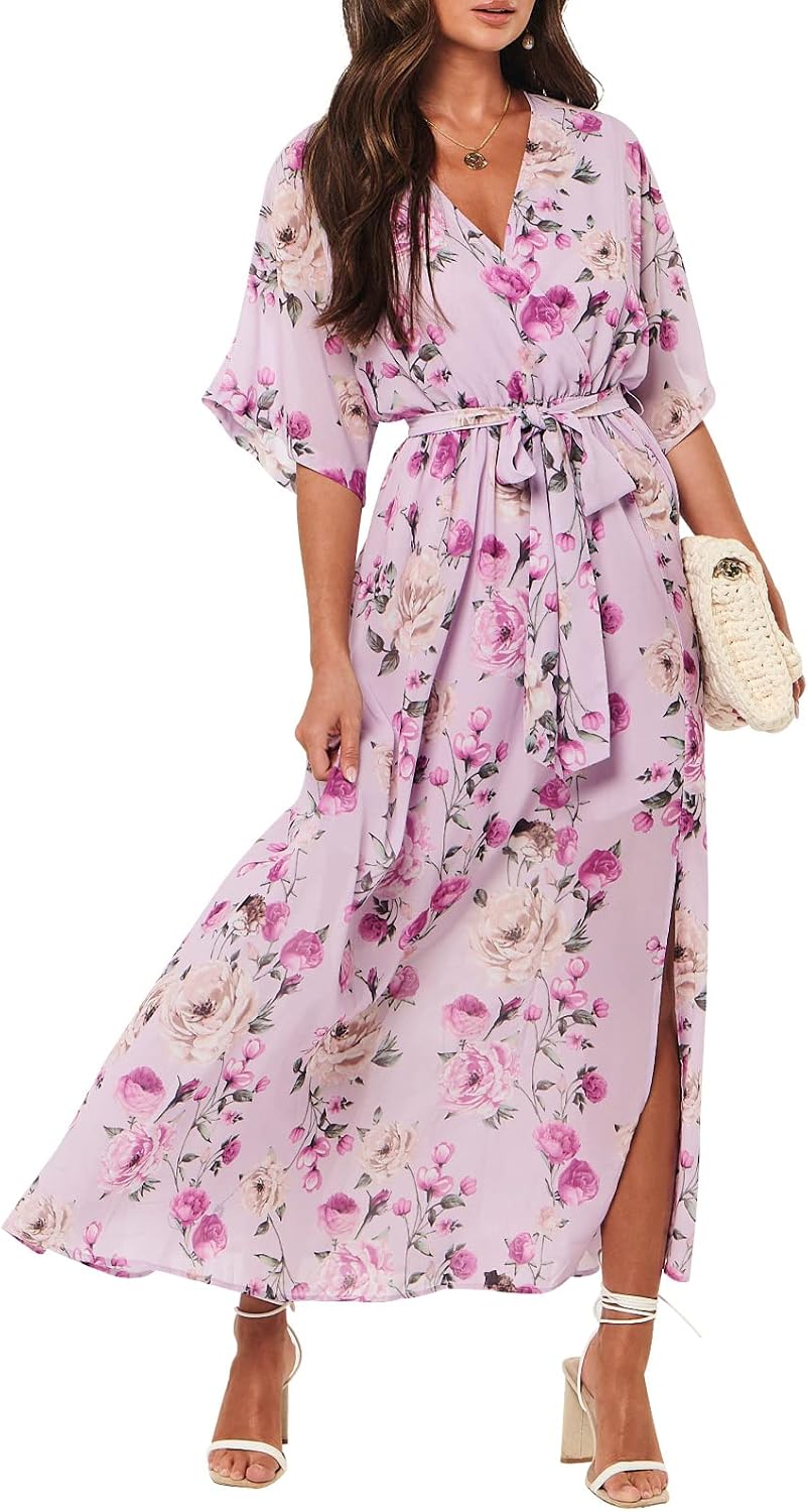 71yEY83CHCL._AC_SL1500_.jpg Short-Sleeve Wrap-Up V-Neck Slit Maxi Dress - Image 1