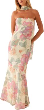 Strapless Floral Mesh Strapless Maxi Dress