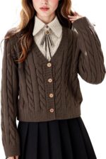 Women's 2 in 1 Cable Knit Cardigan College Style Chunky Sweater Long Sleeve Preppy Knitwear