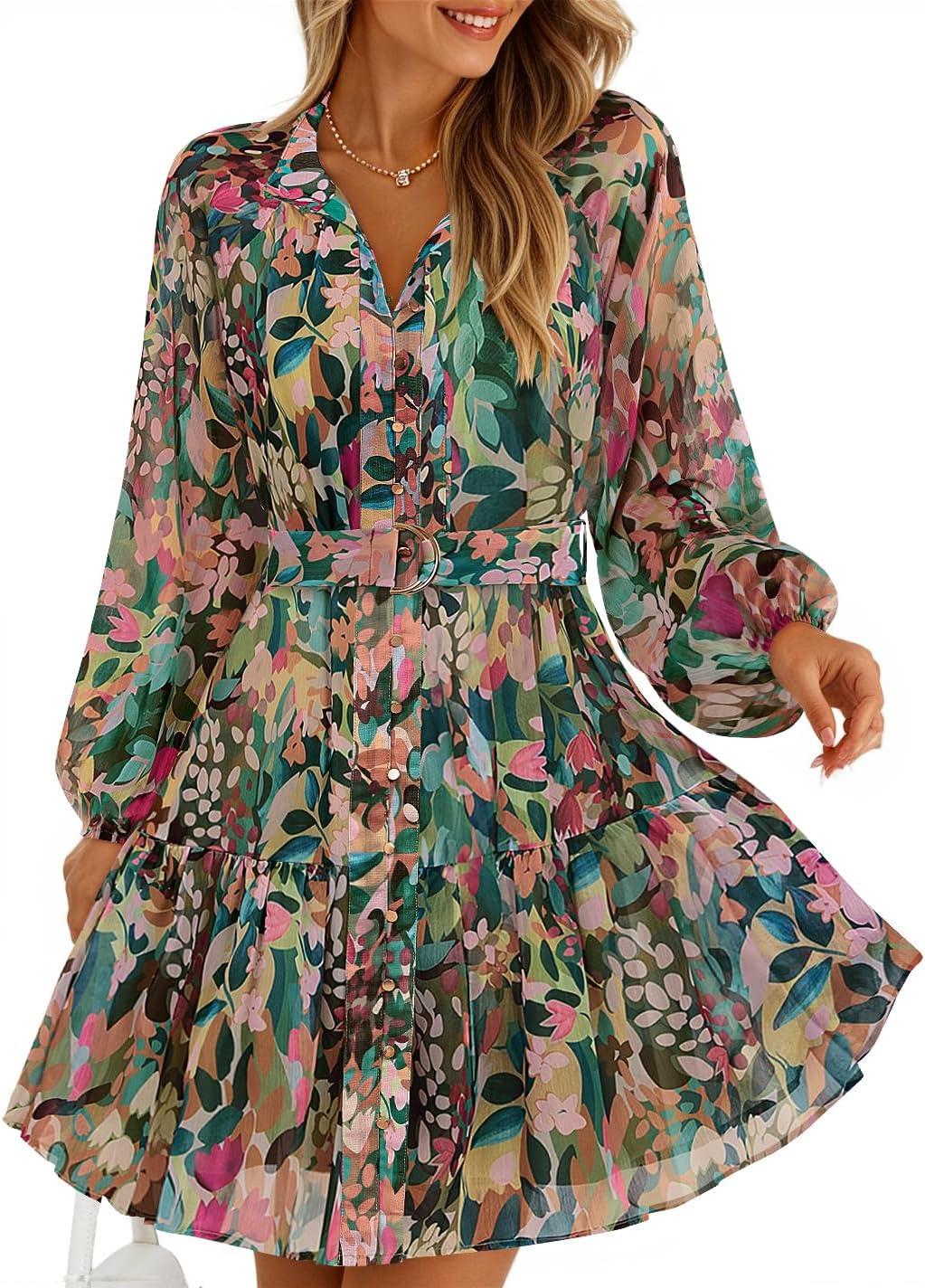 81BWIeE3JdL._AC_SL1424_.jpg Summer V-neck floral wrap dress, elegant chiffon flowing maxi dress - Image 1