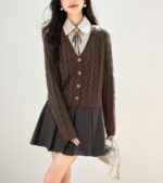 Women's 2 in 1 Cable Knit Cardigan College Style Chunky Sweater Long Sleeve Preppy Knitwear - Image 2