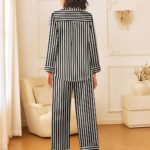 Pajama Set, Long-Sleeved Button-Up Top with Striped Pants