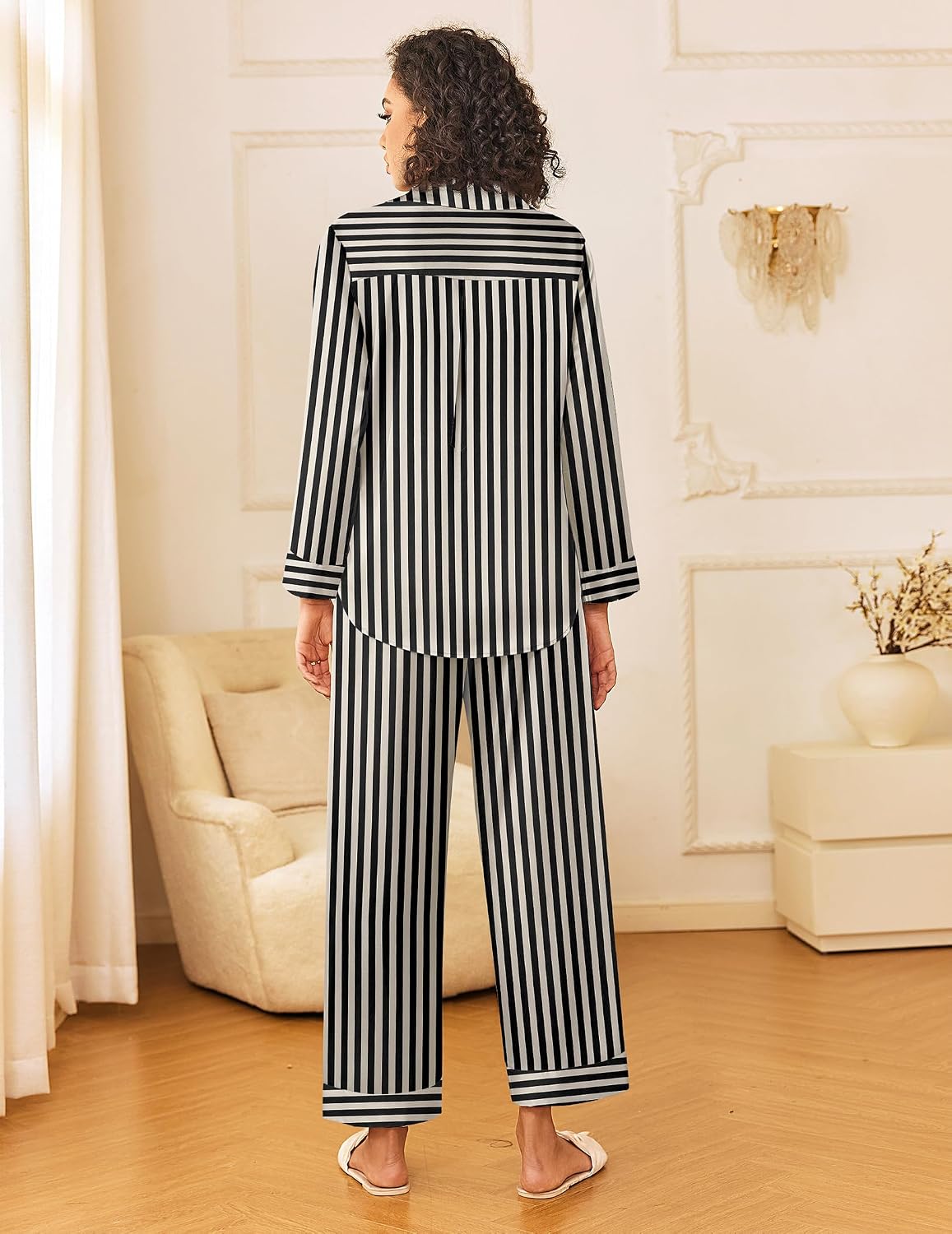 81IrFJAMHAL._AC_SL1500_.jpg Pajama Set, Long-Sleeved Button-Up Top with Striped Pants - Image 1