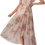 Short-Sleeved V-Neck Tie-Waist Mesh Maxi Dress