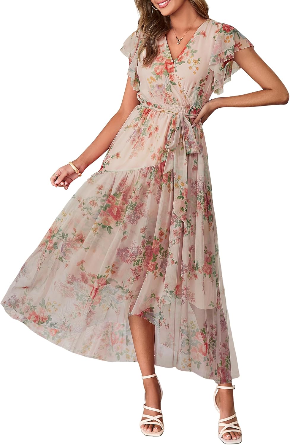 81NvqJtyxUL._AC_SL1500_.jpg Short-Sleeved V-Neck Tie-Waist Mesh Maxi Dress - Image 1