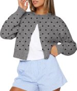 Women  Polka Dot Button Up Open Front Crop Cardigan Sweater Long Sleeve Crewneck Knit Tops Cute Fall Outfits - Image 2