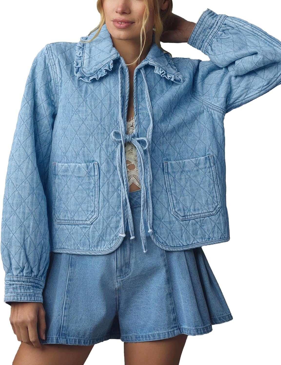 81ch4c1S9LL._AC_SL1500_.jpg Women Denim Jacket Casual Long Sleeve Peter Pan Collar Denim Shirts Tie Front Shacket Loose Fit Top - Image 1