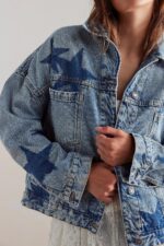 Women Casual Denim Jacket d Leopard Stars Printed Boyfriend Vintage Jean Jacket Coat with Pockets - Image 2